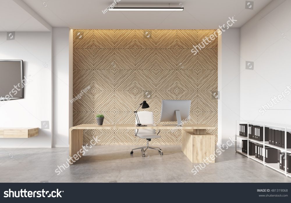 stock-photo-front-view-of-director-s-office-with-computer-on-it-bookshelves-on-concrete-floor-and-tv-set-481319068