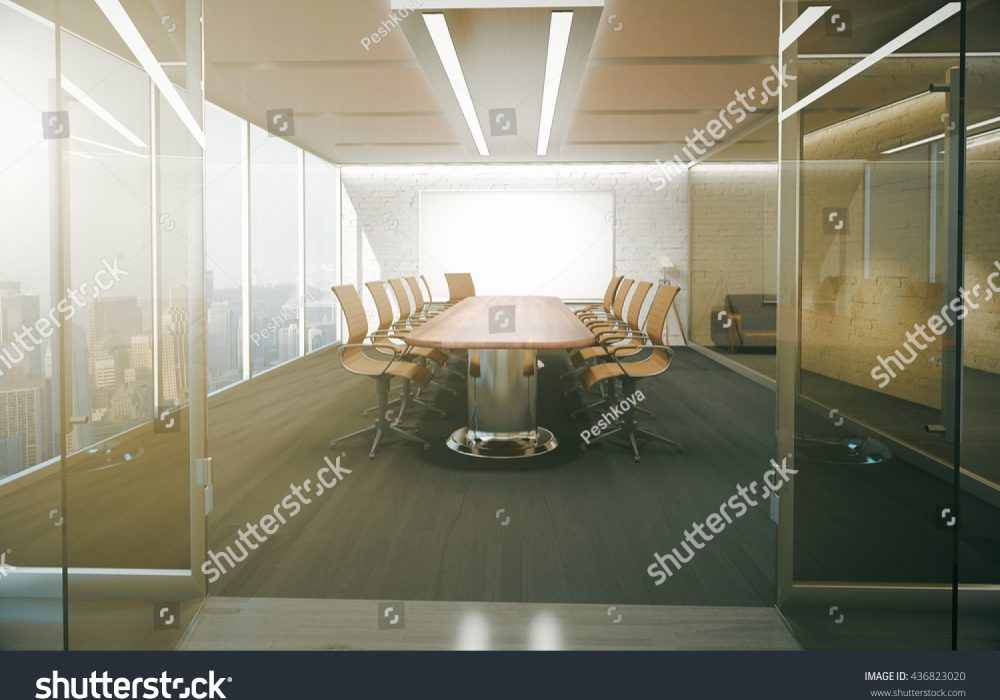 stock-photo-open-glass-door-revealing-modern-conference-room-interior-with-ceiling-lamps-blank-whiteboard-on-436823020